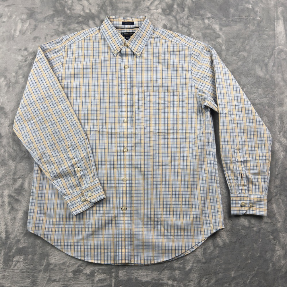 Stafford Signature Mens Blue Yellow Plaid Button Down Shirt 100% Cotton Medium